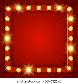 Retro frame with glowing lamps. Retro light sign. Vintage style banner. Vector illustration. Red rectangular retro frame with glowing lamps. Label for winners of poker, cards, roulette and lottery.