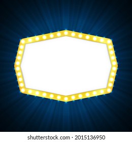 Retro frame with glowing lamps on blue sunburst background