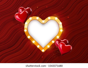 Retro frame heart-shaped with vintage incandescent lamps on red background. Flying heart shaped balloons. Valentines day. Vector holiday illustration. EPS 10