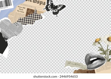 Retro frame isolated on transparent background. Collage elements of torn newspaper, retro flower, butterfly stamp, rip sheet, handwriting quote, craft notepaper, old grunge paper. Trendy retro style