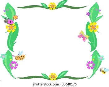 Retro Frame of Leaves, Flowers and Bugs Vector
