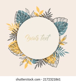 Marco retro con hojas, monastera y texto. Diseñar marco con hojas tropicales y texto sobre fondo claro en ilustración vectorial.