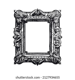 Retro frame, monochrome hand drawn vector illustration. Baroque style vintage sketch engraving isolated on white background.