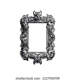Retro-Rahmen, handgezeichnete, monochrome Vektorgrafik. Barockstil, Vintage-Skizze, Gravur einzeln auf weißem Hintergrund.