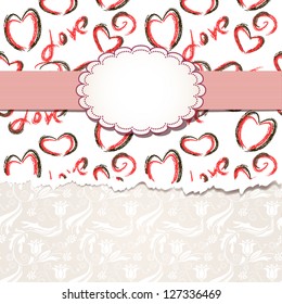 Retro  frame on torn  wallpaper  with hearts