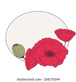 Retro frame with poppy flowers. Hand drawn background