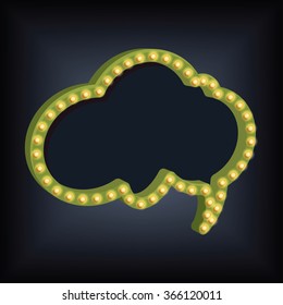 Retro frame. Realistic 3D speech bubble with a neon light. Retro shape with black space for your text, messages, events, advertising. Light incident on the wall. Vector vintage illustration 
