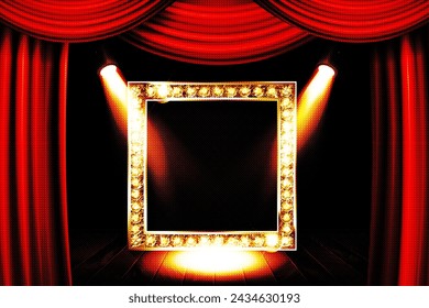 Retro frame red curtain. Cinema or circus banner vintage theater lighting sign with show announcement luminous square billboard with glowing bulbs. Luxury and signboard with copy space vector backdrop