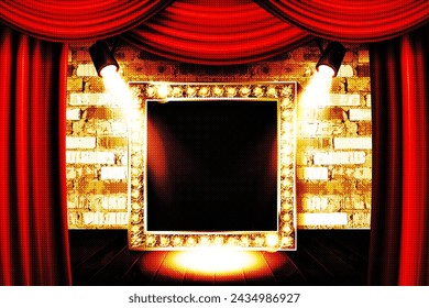 Retro frame red curtain. Cinema or circus banner vintage theater lighting sign with show announcement luminous square billboard with glowing bulbs. Luxury and signboard with copy space vector backdrop
