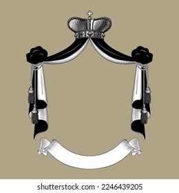 Retro frame with royal mantle elements, crown and ribbon banner. Vintage black and white engraving stylized drawing. Vector illustration