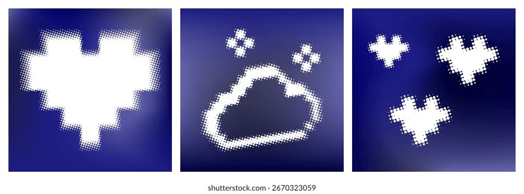 Retro frame set with halftone white heart and cloud dotted shapes on navy blue gradient background. Abstract dot texture. Grunge design vector elements for vibrant graphic backgrounds, social media.