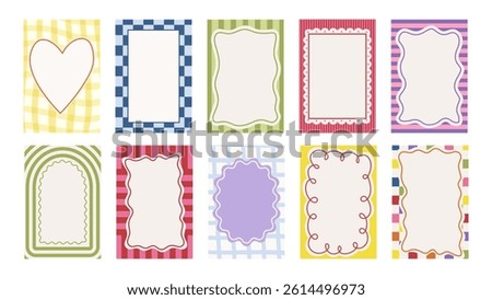 Retro Frame Set. Striped and checker backgrounds with hand drawn frames. Twisted and wavy lines drawn by hand. Graphic template
