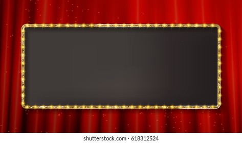 Retro frame spots and blank billboard. Vector illustration. On the background of a red curtain