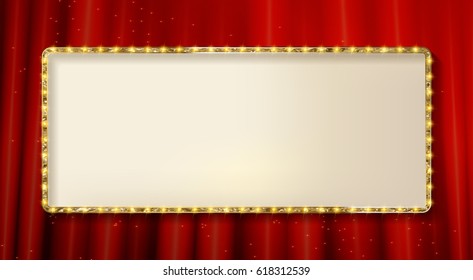 Retro frame spots and blank billboard. Vector illustration. On the background of a red curtain