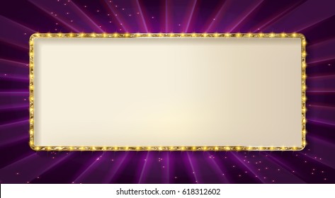 Retro frame spots and blank billboard. Vector illustration. On the background of a purple curtain