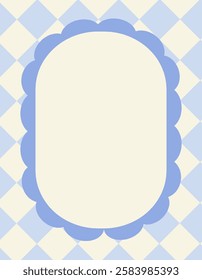 Retro frame. Vintage trendy border with geometric checkered pattern and wavy scalloped edge. Doodle poster with textbox. Design element for invitation card with copy space. Flat vector illustration