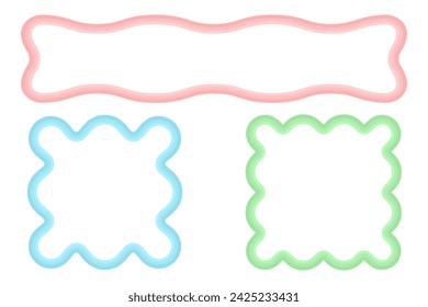 Retro frame with wavy border. Psychedelic rectangle groovy shapes. Scallop cartoon vector doodle banners. Squiggle funky Y2k outline pictures.