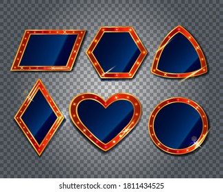 Retro frames with light bulbs, vector set of signs with glow effect on a dark background. Concept for circus, movie etc. Vector illustration