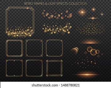 Retro frames and light effects collection.  Copper lights effects. Sparkle and glitter. Vector illustration.