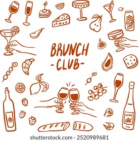 Una ilustración de estilo retro dibujada a mano con temas de brunch que presenta una variedad de comida y bebidas gourmet.