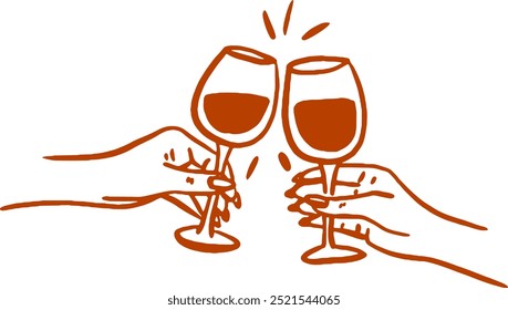 Uma ilustração minimalista desenhada à mão de duas mãos de copos de vinho em um brinde comemorativo. Arte em linha.