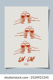 Ilustración retro de la tostada del vino del cartel con CIN-CIN. Arte de celebración dibujado a mano.