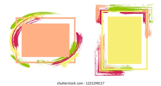 Retro frames with paint brush strokes vector set. Box borders with painted brushstrokes backgrounds. Advertising graphics design empty frame templates for banners, flyers, posters, cards.