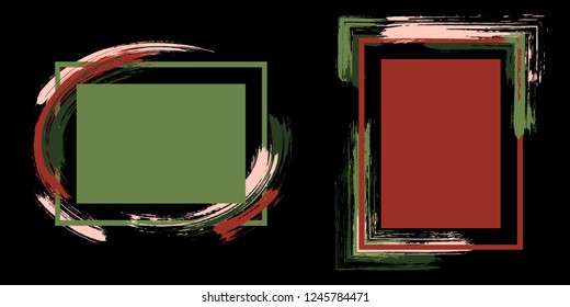 Retro frames with paint brush strokes vector set. Box borders with painted brushstrokes on black. Advertising graphics design empty frame templates for banners, flyers, posters, cards.