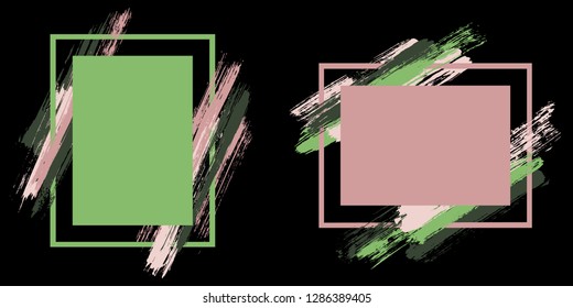 Retro frames with paint brush strokes vector collection. Box borders with painted brushstrokes on black. Advertising graphics design flat frame templates for banners, flyers, posters, cards.