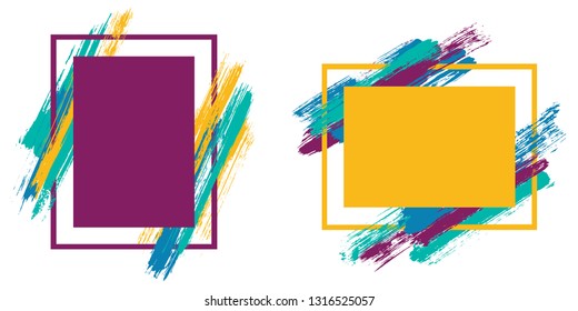 Retro frames with paint brush strokes vector set. Box borders with painted brushstrokes backgrounds. Advertising graphics design flat frame templates for banners, flyers, posters, cards.