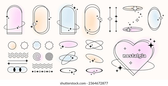 Retro frames and picture borders with sparkles and blurred colors on the background, y2k set of borders, dividers, outline drawings. Vector illustrations.