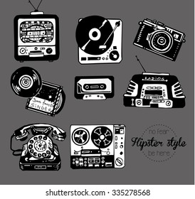 Retro freehand set of vintage hipster things: telephone, radio, vinyl, cassette, TV, turntable, camera