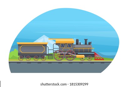 Retro freight train with wagons, tanks. Railway transport locomotive against the backdrop of mountain landscape vector illustration