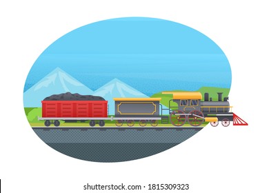 Tren de carga retro con vagones, tanques con carbón. Locomotora de transporte ferroviario en el contexto de la ilustración de los vectores del paisaje montañoso