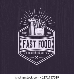 Retro French  Fries. Vintage fast food illustration. soda logodesign. Black background white icon