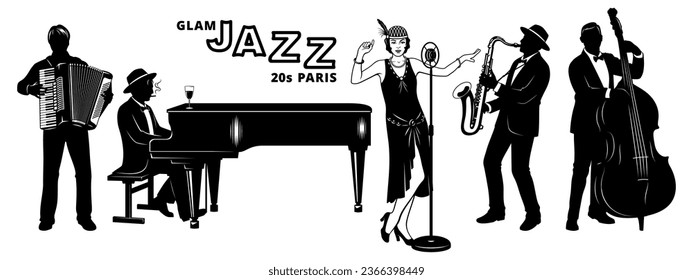 Retro French Jazz Band of 20s. Silhouettes Set. Flapper girl singer, Pianist, Accordionist, Double Bassist, Saxophonist. Vector cliparts isolated on white.