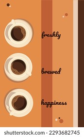 Café retro recién hecho hecho de espuma en tazas con platillos y título para café, bares, afiche o pancarta, decoración de cocina. Ilustración vectorial en el fondo de color.