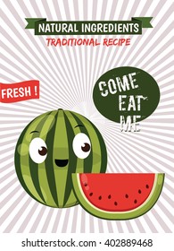 Retro Fresh Food Poster Design. Watermelon Isolated Vector. Cartoon Illustration