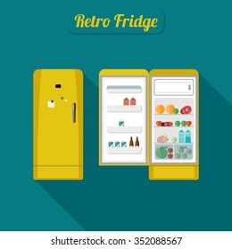 Retro fridge closed and open with food. Vintage yellow fridge illustration.