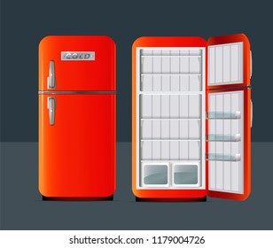 Retro fridge. Open refrigerator with full of fresh products in realistic style isolated vector illustration