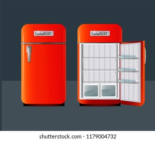 Retro fridge. Open refrigerator with full of fresh products in realistic style isolated vector illustration