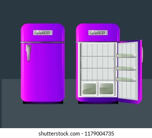 Retro fridge. Open refrigerator with full of fresh products in realistic style isolated vector illustration