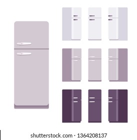 Retro fridge set, kitchen equipment. Refrigerator to keep cool, appliance to store food and drink fresh. Vector flat style cartoon illustration isolated on white background, different views and colors