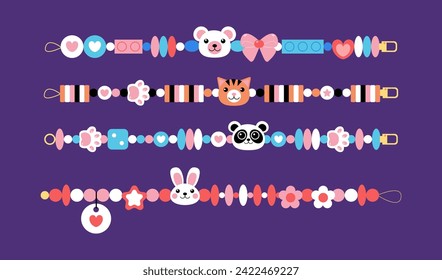 Retro friendship beads bracelets set with animals. Catoon cute bunny, rabbit, panda, bear, cat accessories elements in y2k style. Vector 