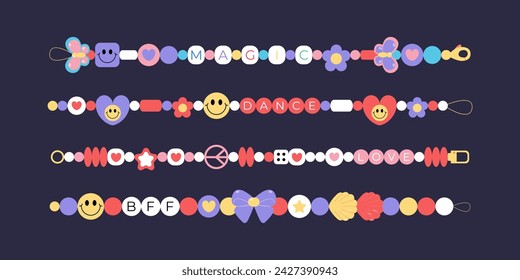 Retro friendship handmade accessories set. Beads bracelets in 90s, y2k style. Various necklace objects, hearts, butterfly, flower, phrases. Vector