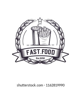 Retro Fries and soda, Fast food badge illustration. French fries Vector vintage emblem. soda drink rustic modern style