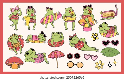 Retro Frog Summer Beach vibe element clipart set Groovy drawing 