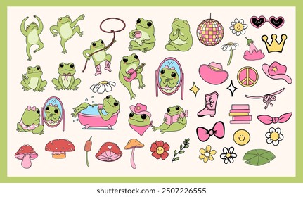 Retro Frogs self love element clipart set Groovy drawing 