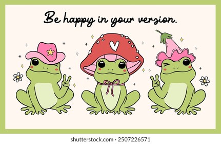 Retro Frogs self love happy smile set Groovy drawing banner 