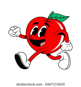 Retro fruit cartoon characters. Vintage comic mascot of apple with happy smile face, hands and feet. Apple Character.  Retro mascot character